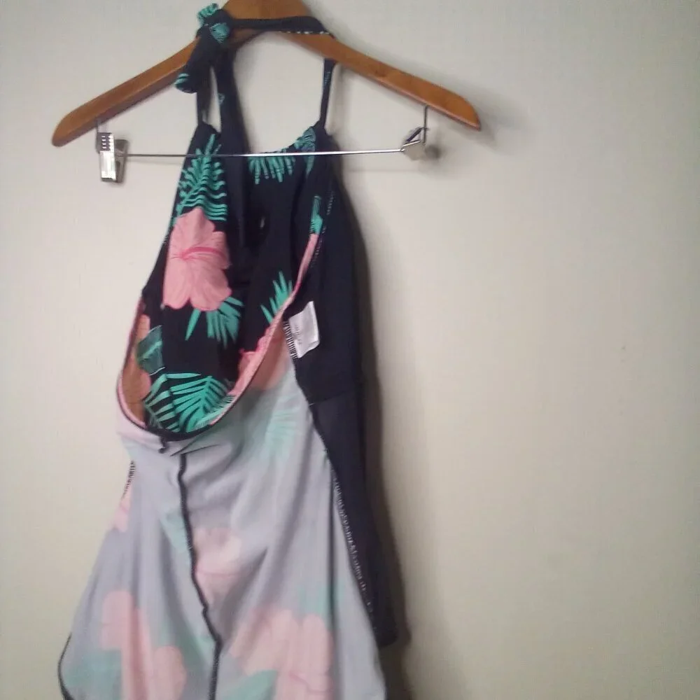 Crane Swimsuit Women XL One Piece Halter Floral Tropical Black Green Pink